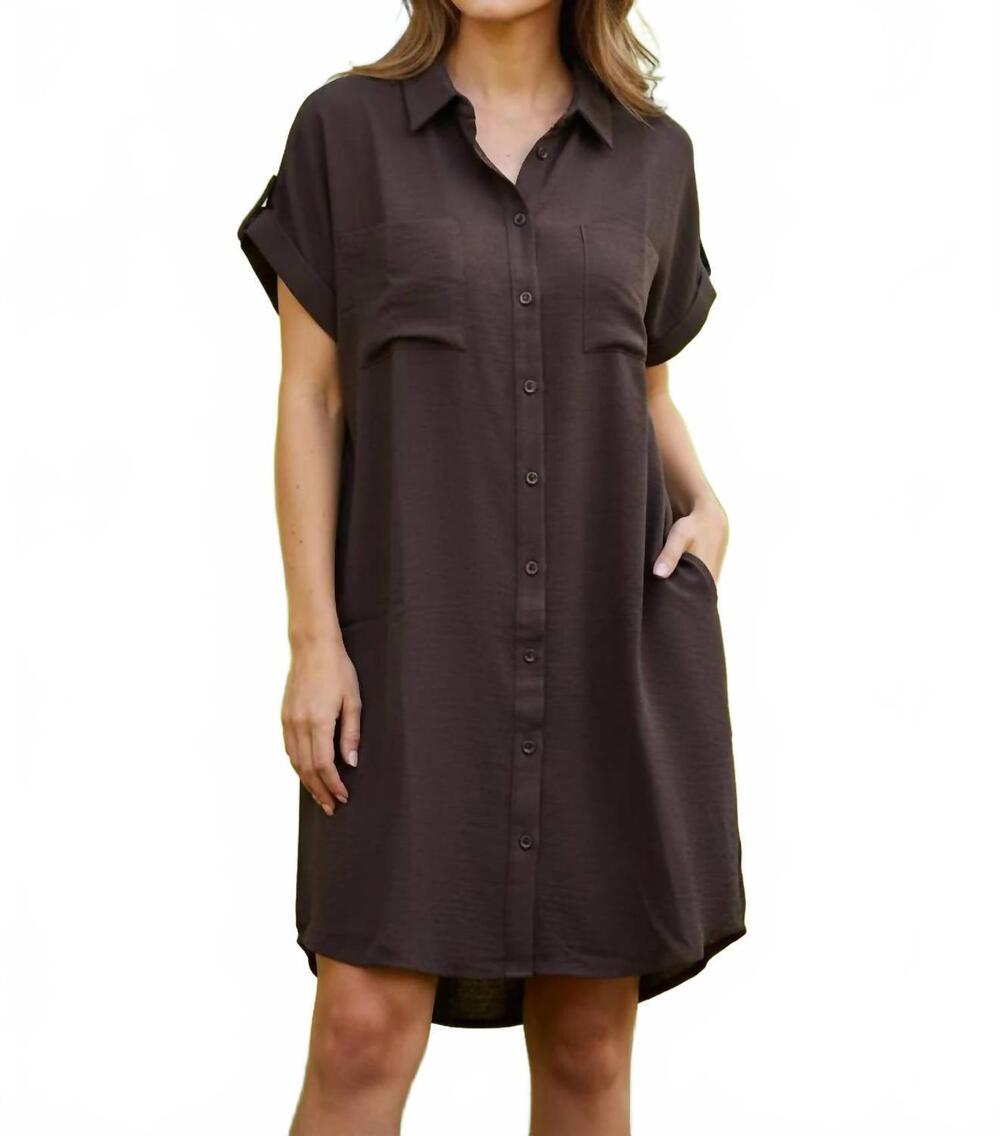 NEW SHE + SKY women's drop shoulder button up woven shirt dress in brown